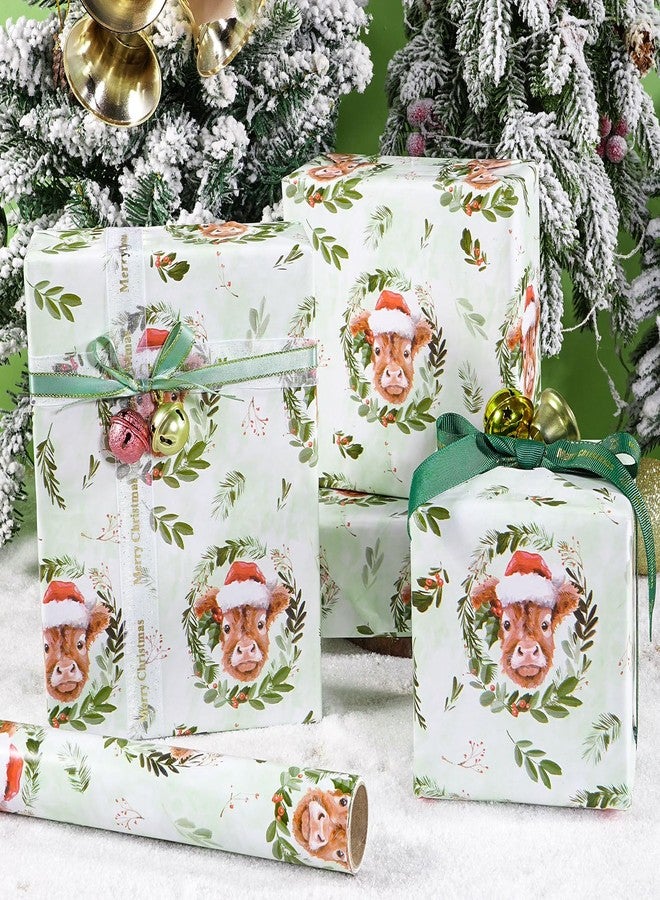 LeZakaa Christmas Highland Cow Wrapping Paper Roll, Cute Highland Cow with Santa Hat Green Wreath Design, Funny Holiday Gift Wrap for Farmhouse Style, Mini Roll 17 in x 16.4 Ft - Image 5